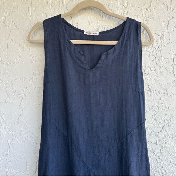 MADE IN ITALY Linen Lagenlook Sleeveless Dress Size Small Pockets Relaxed Loose - Picture 2 of 8